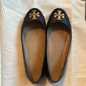 Tory Burch Black Leather Flats with Gold Emblem